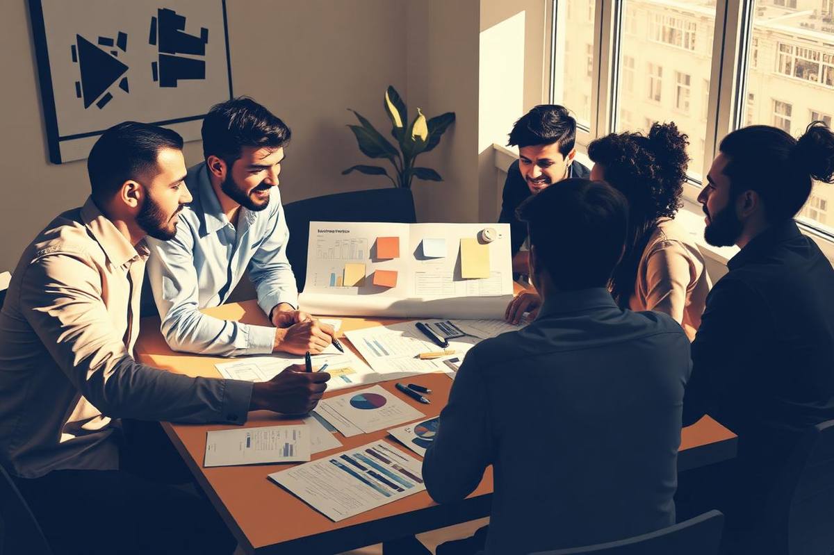 A team working through printed campaign plans around a table